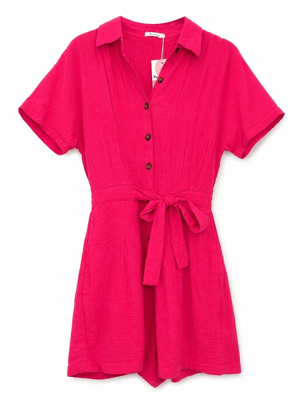 Women's 100% gauze, crinkle cotton Fuchsia Tie-Waist Romper